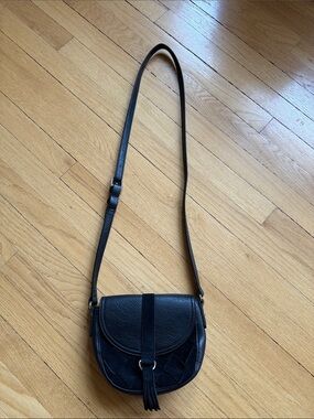 INC International Concepts Black Leather Crossbody Saddle Bag with Tassel